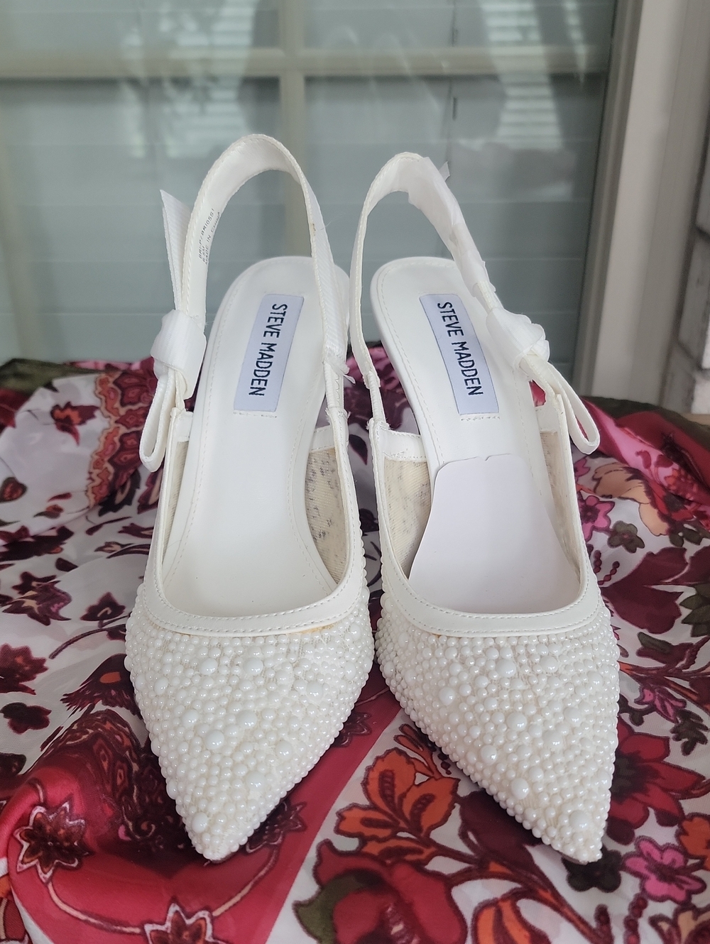Steve Madden White Pearl-Embellished Slingback Heels